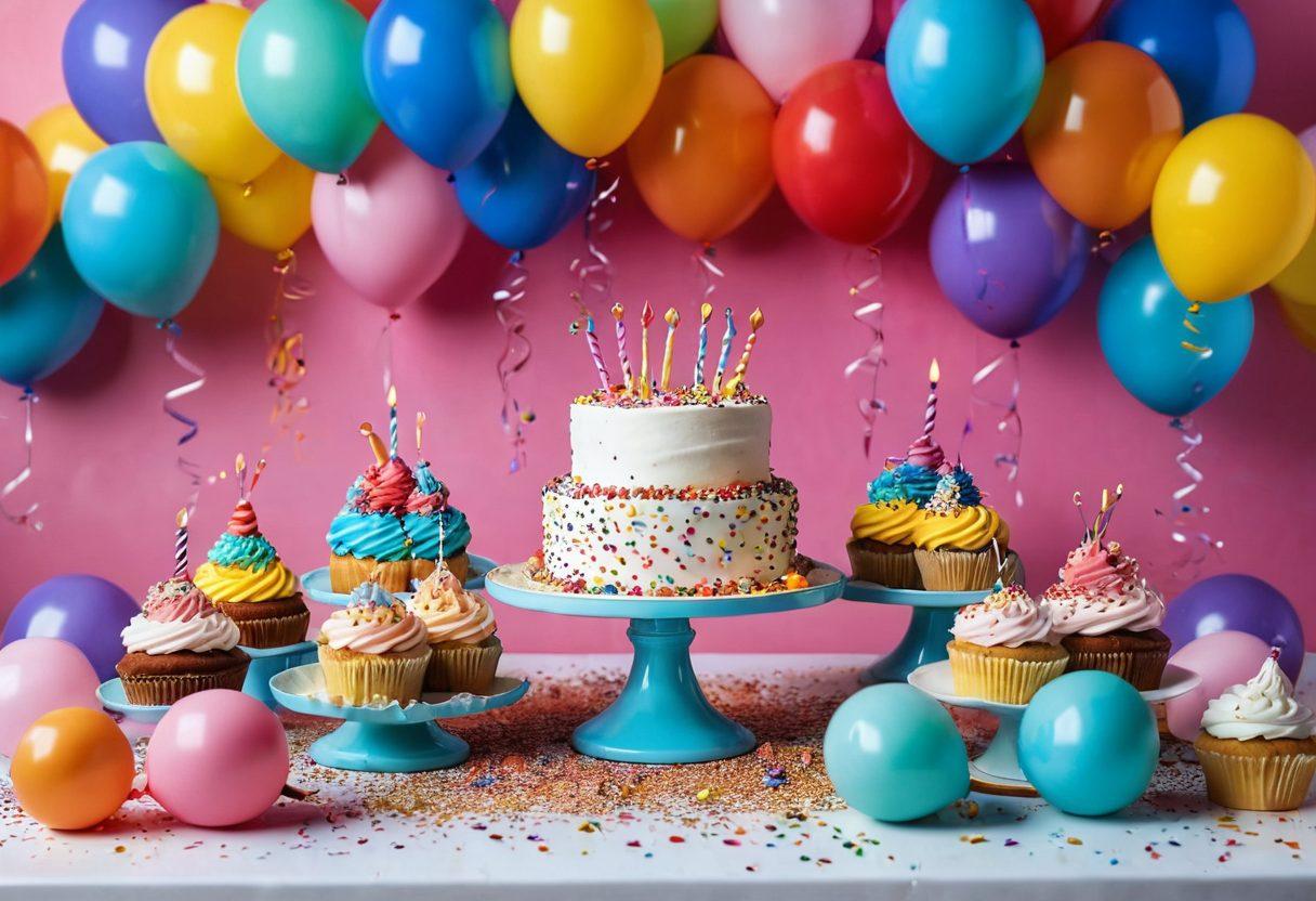 A vibrant and festive scene featuring a table filled with colorful booty cakes adorned with sprinkles and playful decorations. Surrounding the cakes are cheerful balloons, confetti, and party hats to capture the joyful essence of celebrations. The background showcases a lively party atmosphere with soft lighting and laughter. Include diverse hands reaching for the treats, symbolizing sharing and enjoyment. whimsical and colorful. 3D. vibrant colors. soft focus.
