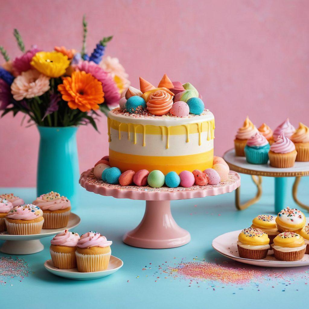 A beautifully arranged table filled with various booty cakes, showcasing a range of vibrant colors and intricate decorations. Highlight delectable details like sprinkles, edible glitter, and unique shapes that make each cake a gourmet delight. The background features a soft pastel color palette, enhancing the sweet and playful theme, with a whimsical cake stand adding elegance. The scene captures the joy of baking and celebrating with dessert. super-realistic. vibrant colors. soft pastel background.
