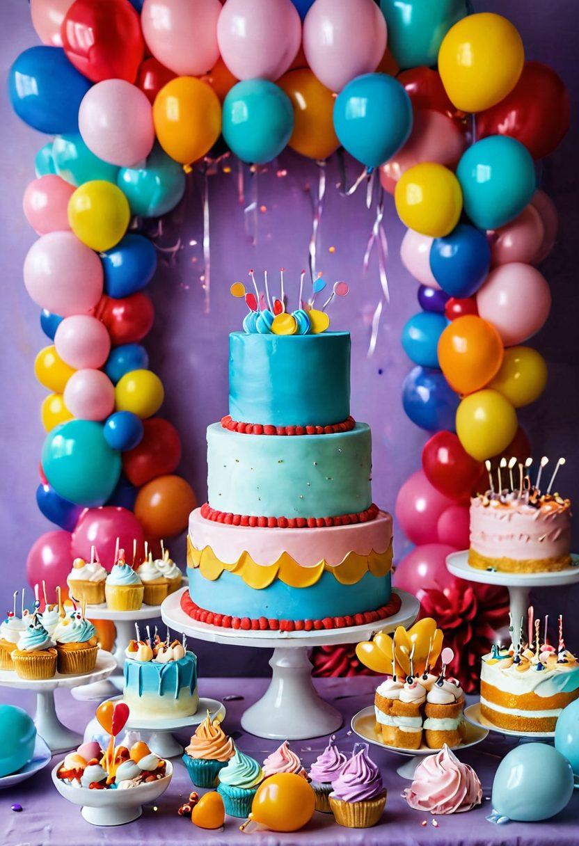 A vibrant and playful cake table adorned with whimsical, multi-layered party booty cakes in various flavors, each cake uniquely decorated with colorful icing, edible glitter, and a variety of fun toppings. Surrounding the cakes are animated party decorations, balloons, and cheerful guests enjoying the festive atmosphere. The background is a light, pastel color to enhance the joyful and creative theme. super-realistic. vibrant colors. cheerful atmosphere.